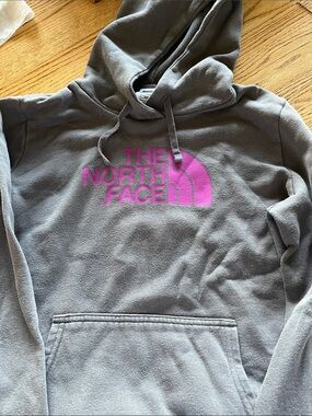 The North Face Gray Pullover Hoodie with Pink Logo